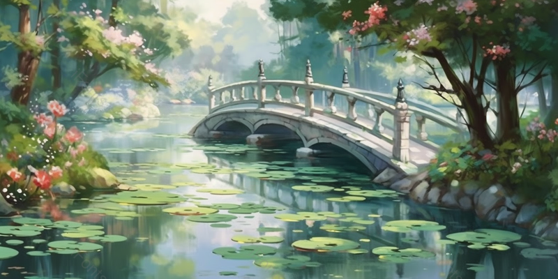 小桥流水荷塘森林树木户外自然美景,插画/手绘图,插画/手绘图库,插画/手绘图下载,插画/手绘